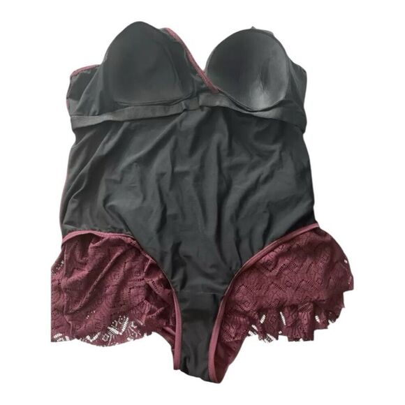 Swimsuits For All Wine Crochet Side Slit V-Neck Swim Dress Plus Size 32 Burgundy - Picture 9 of 13